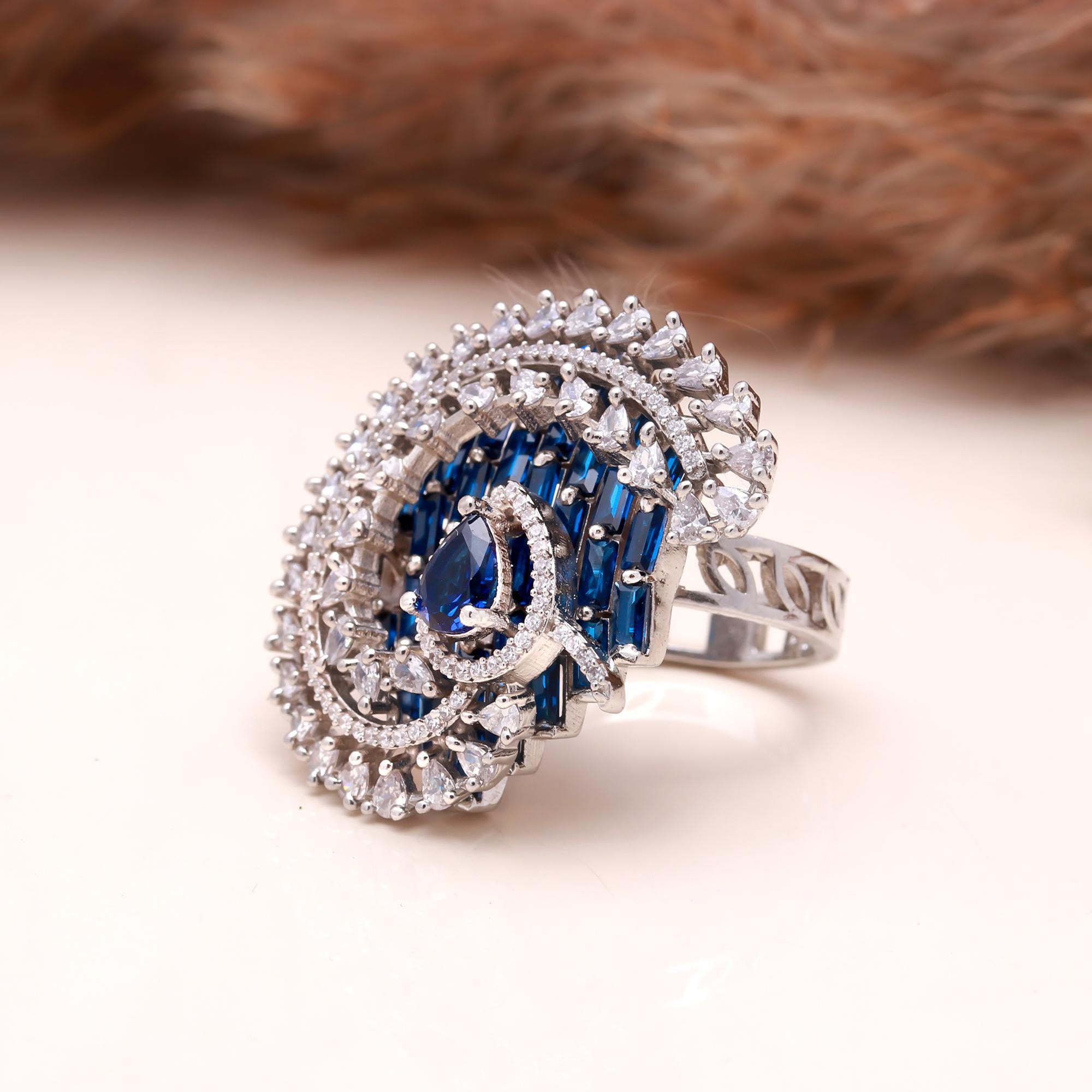 Royal Blue Sapphire Statement Ring for Women – Elegant Silver Plated Cocktail Ring with Sparkling CZ Diamonds | Haamsi Jewellery